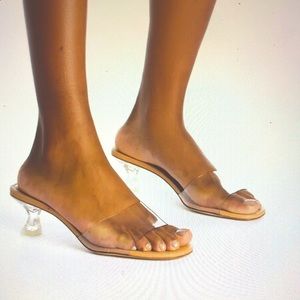 Larroude vivi mule in tan leather and vinyl